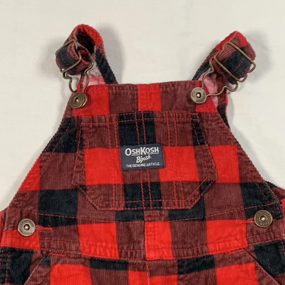 OshKosh B'gosh Vestbak Red Black Buffalo Plaid Corduroy Overalls Size 6 Months‎